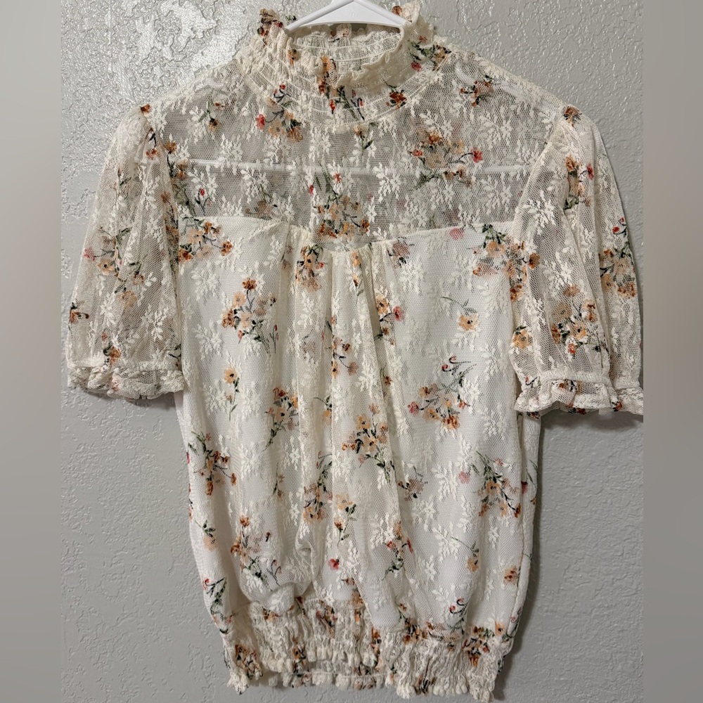 Eyeshadow Cream Floral Lace Puff Sleeve Blouse